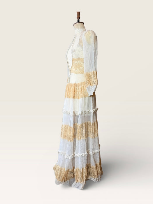 Sabine, 30s off white chiffon and cream lace tiered buttoned dress