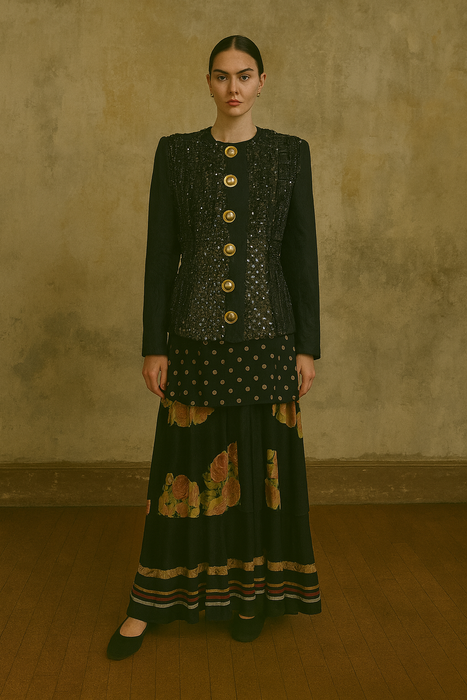 Kooki, 80s fitted silk brocade jacket with 20s jet beading