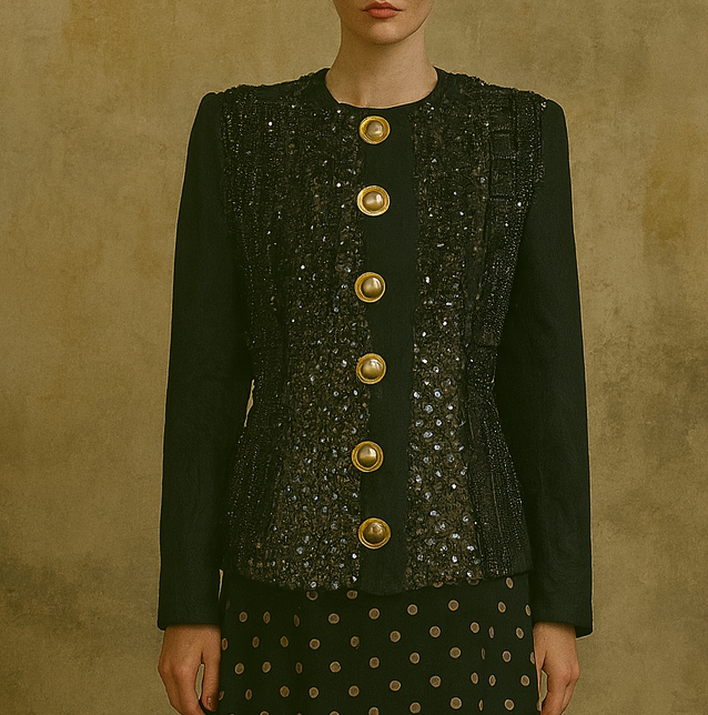 Kooki, 80s fitted silk brocade jacket with 20s jet beading