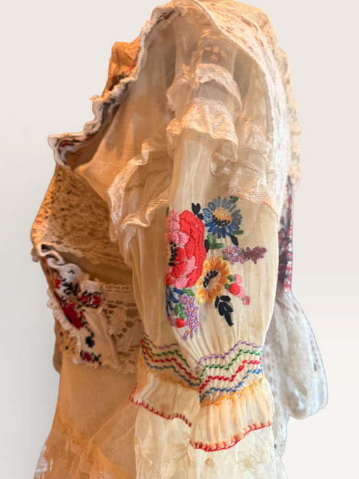 Paulina, reworked antique lace blouse with Romanian silk embroidered sleeves and collar