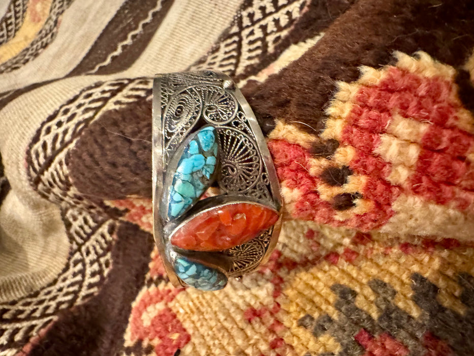 Mona, antique sterling silver turquoise and coral cuff