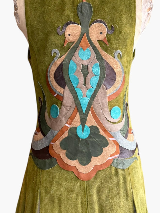 Basil, 70s olive green suede waistcoat with leather ties and handmade folk leather appliqué