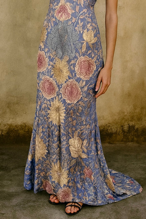 Mina, reworked floral embroidered long piano shawl gown
