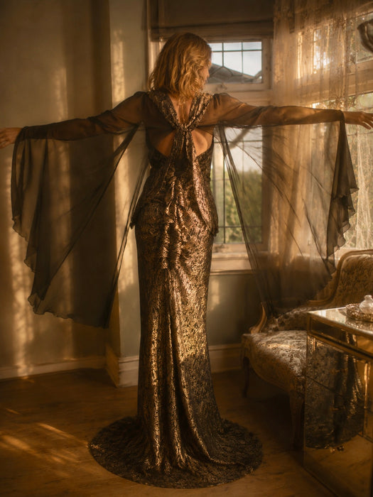 Freja, 1930s black and gold lamé gown with chiffon angel sleeves