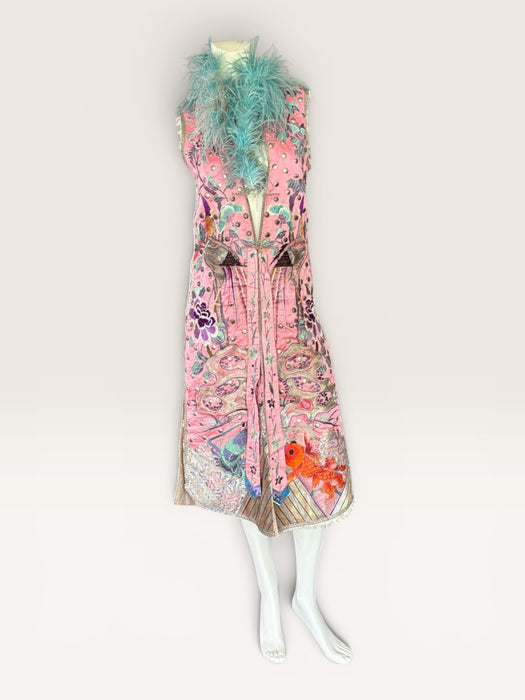 Adage, 19thC pink silk embroidered Chinese long waistcoat with feather collar