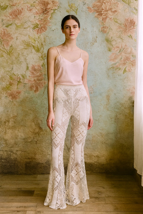 Monique, reworked 40s cream crochet flair trousers