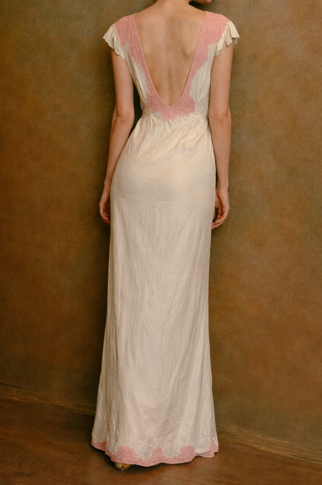 Apoline, 30s bias cut mint green and pink lace silk slip dress
