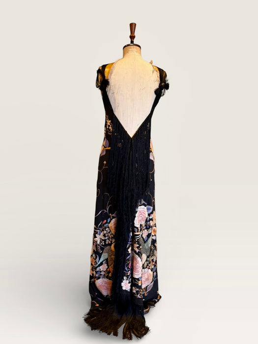 Angel, reworked 30s silk embroidered piano shawl bias cut dress