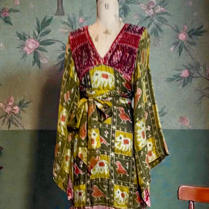 Thea Porter, Couture 70s silk print angel sleeve tiered dress