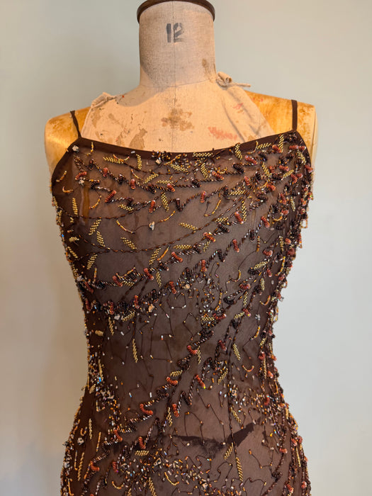 Tory, 90s beaded brown bias cut chiffon handkerchief dress
