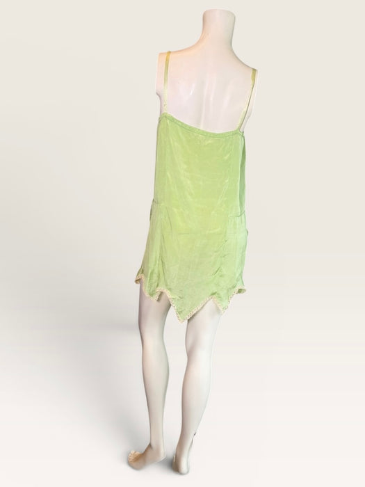 Tara, 1920s apple green silk and lace scalloped short dress with floral ribbon detail