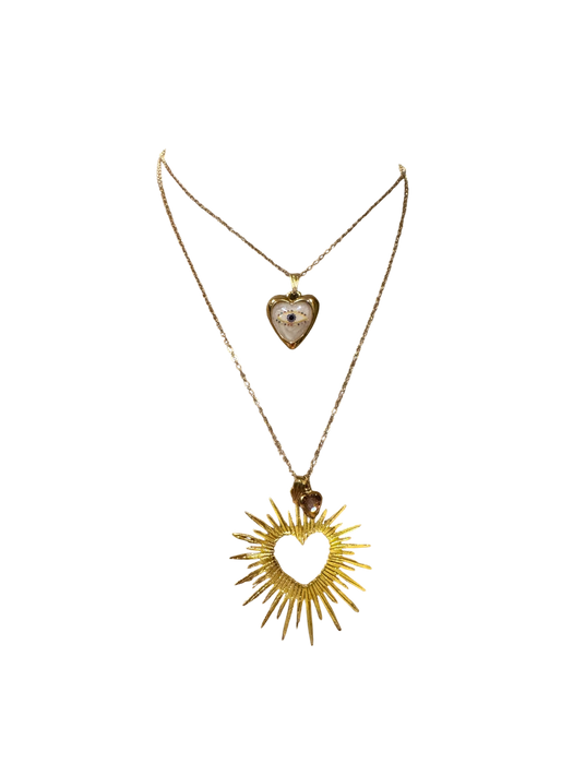 Erin, vintage heart shape ceramic eye charm and 14 c gold pendant and chain