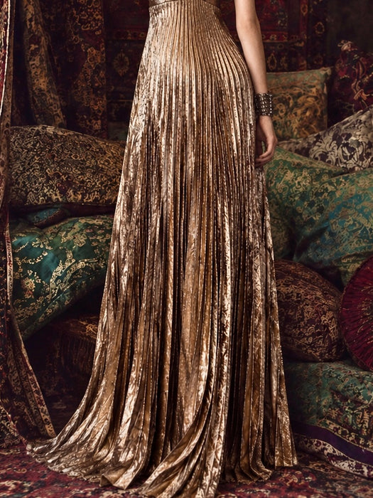Addison, 1970s gold lures pleated gold halter neck dress
