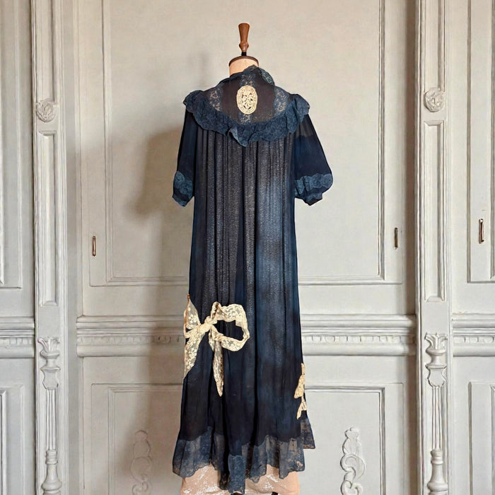 Gina, 30s black chiffon and lace robe with cream lace bows