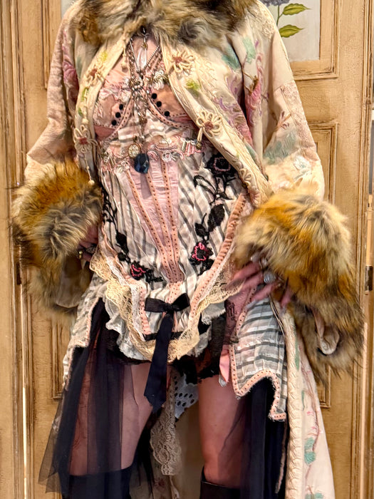 Estelle, reworked 40s corset with Victorian silk damask and ribbon lace design