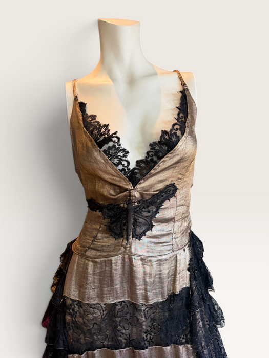 Fay, reworked 1930s gold and black lace tiered dress