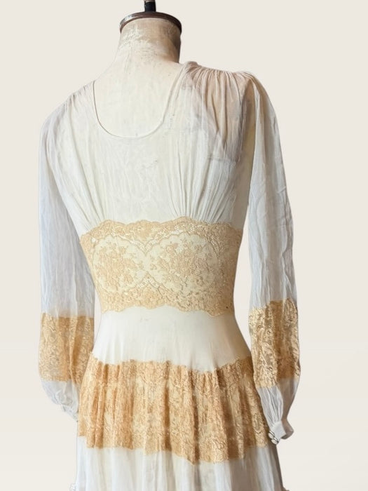 Sabine, 30s off white chiffon and cream lace tiered buttoned dress