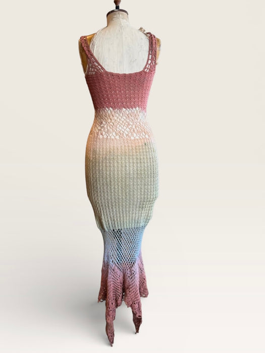 Yarn, 70s crochet hand dyed ombré fishtail dress