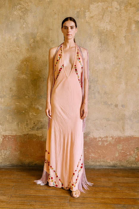 Pharaoh, 40s embroidered floral silk long fringed dress