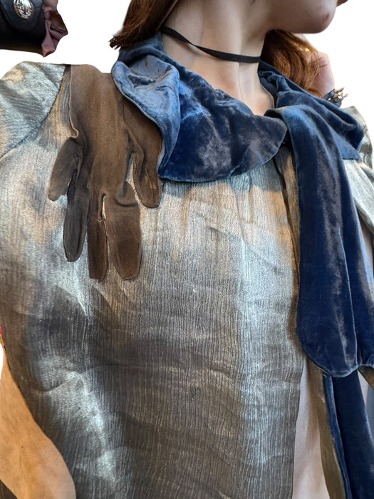 Serena, reworked 20s silver lamé and blue velvet jacket with 20s leather gloves