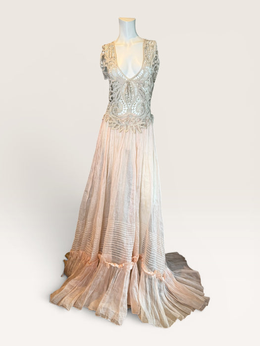 Rosa, reworked Victorian tape-work cream top and pink organza tiered skirt