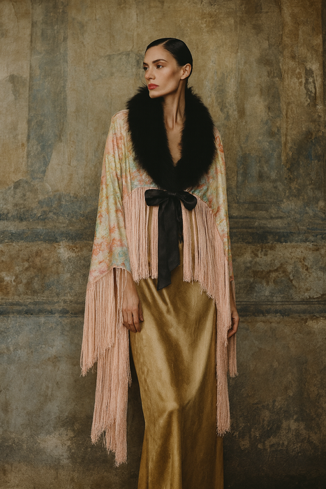 Wilma, 20s floral fringed velour cape with black feather collar and tie