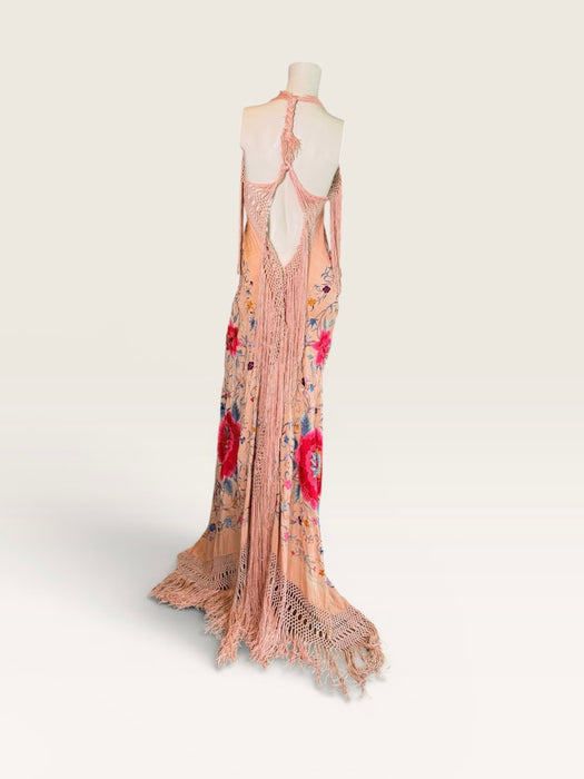 Mina, reworked 1940s silk embroidered fringed piano shawl dress