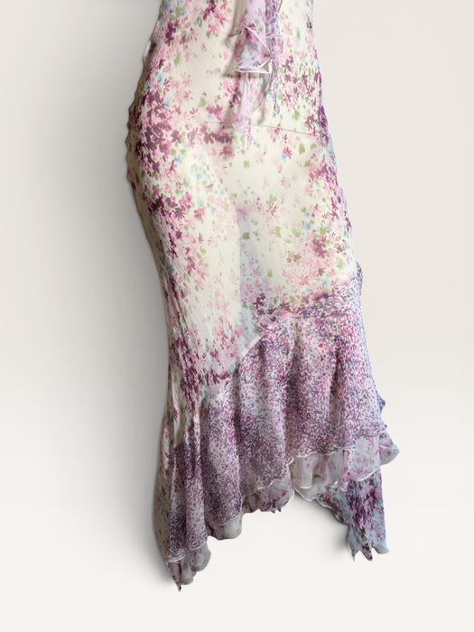 Lilly, 90s silk chiffon floral, bias cut frill dress