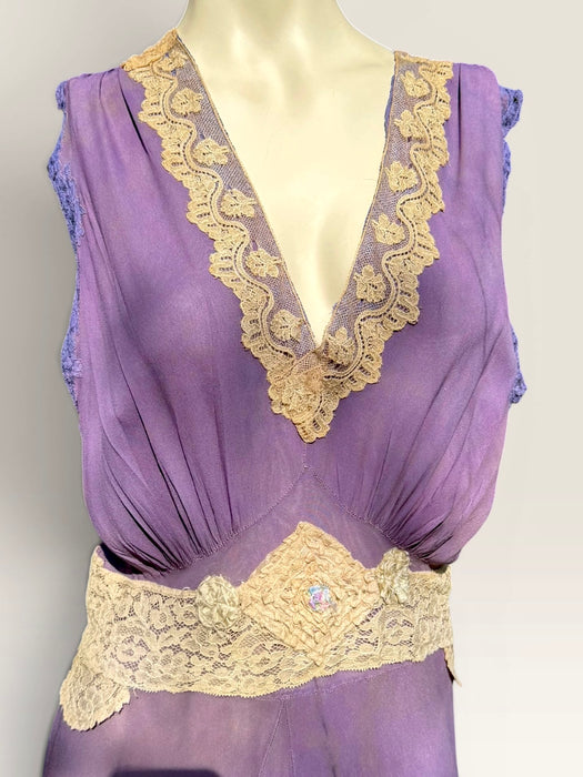 Lavender, 1930s hand dyed silk and lace dress with lace ribbon inserts