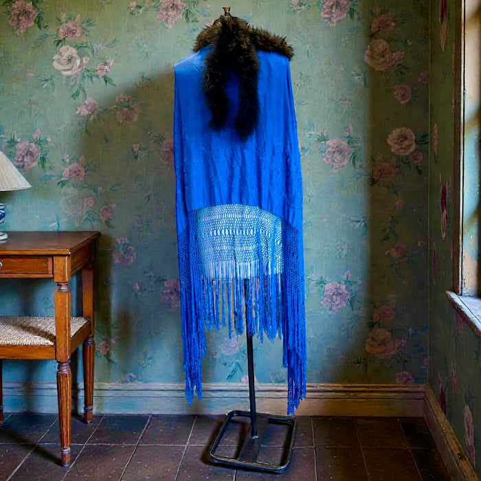 Sasha, 40s cobalt blue embroidered piano shawl feather fringed cape