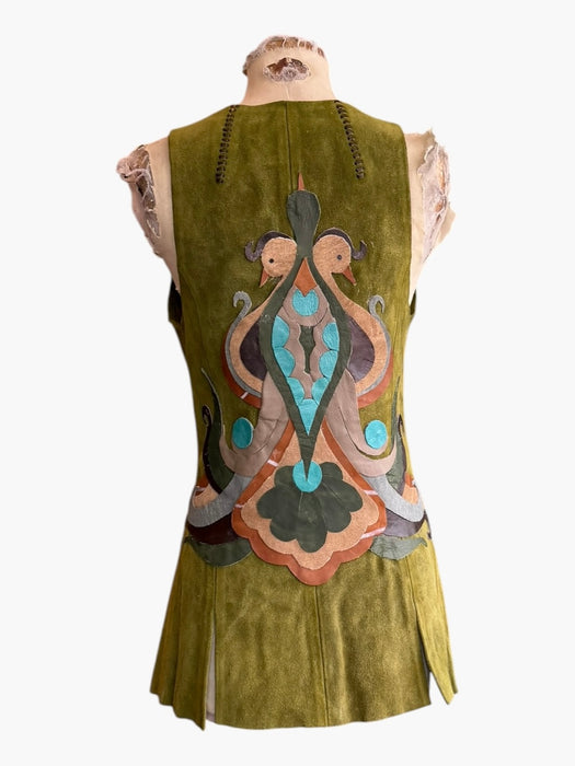 Basil, 70s olive green suede waistcoat with leather ties and handmade folk leather appliqué