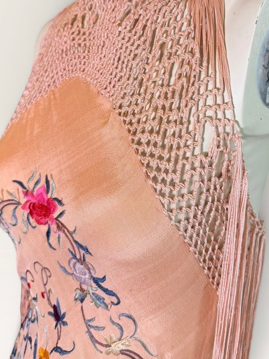 Mina, reworked 1940s silk embroidered fringed piano shawl dress