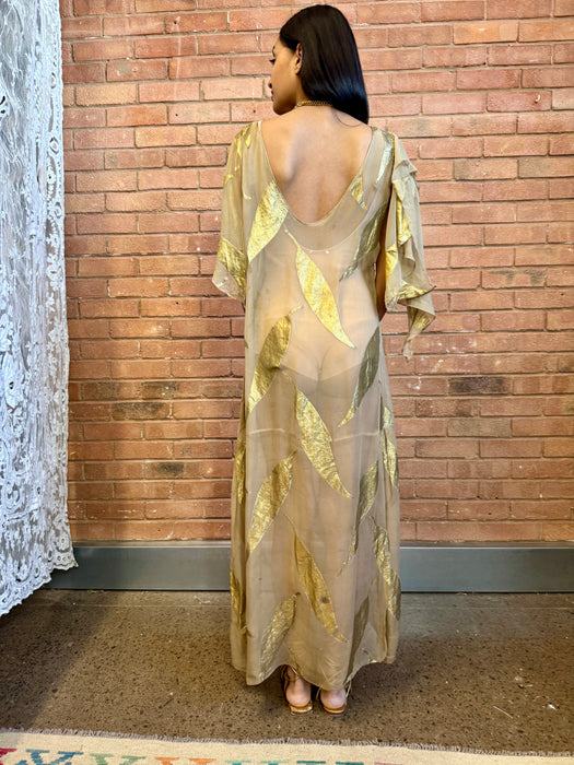 Molly, 20s silk chiffon dress with gold leaf print