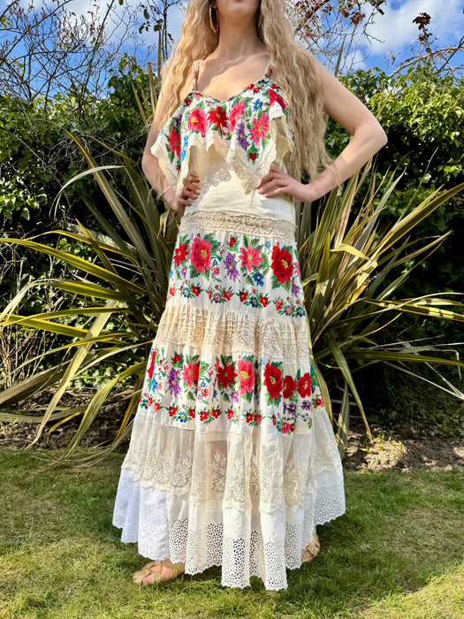 Calico, 40s reworked Mexican floral and lace embroidered dress
