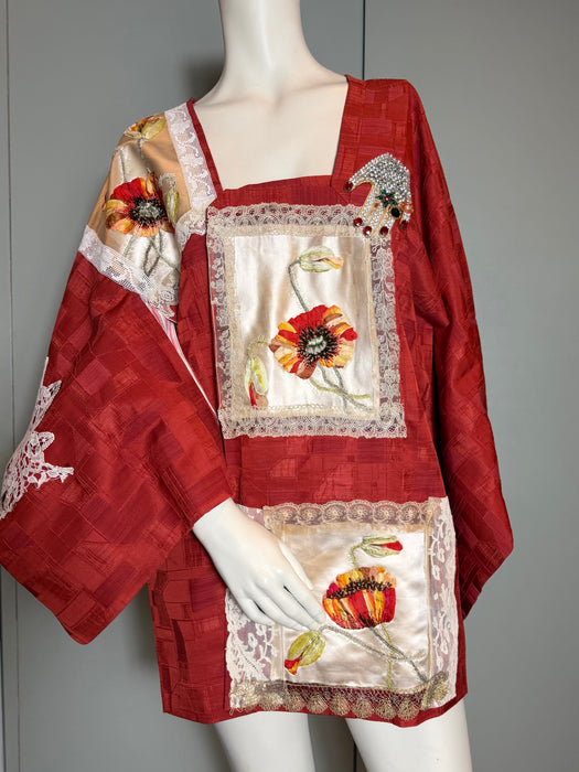 Tales, 40s a Japanese silk damask burnt orange kimono jacket with Victorian floral and lace motifs