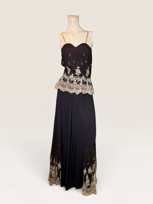 Andrea, 1970s black crepe and lace tiered dress