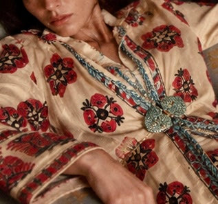 Chapan, early 19th C Uzbek chapan embroidered and beaded robe with couched Edwardian floral embroidery and turquoise buckle