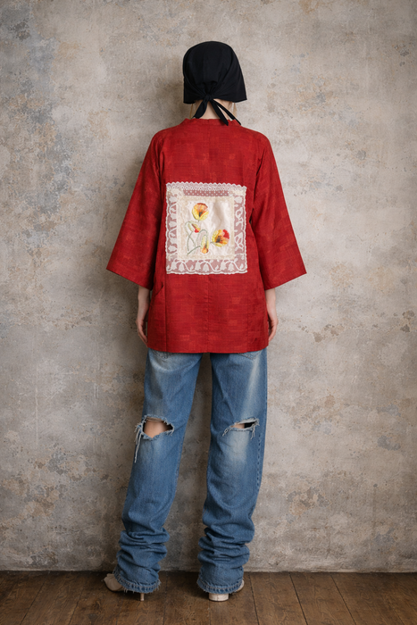 Tales, 40s a Japanese silk damask burnt orange kimono jacket with Victorian floral and lace motifs