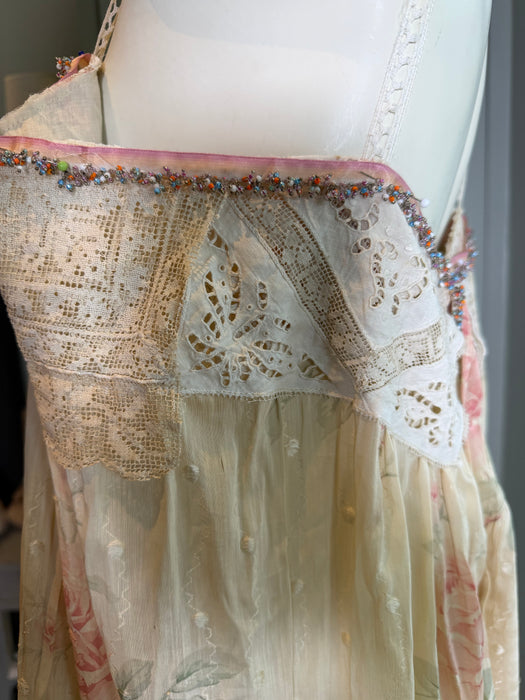 Mattie, reworked Victorian frill, floral cotton dress and lace beaded details
