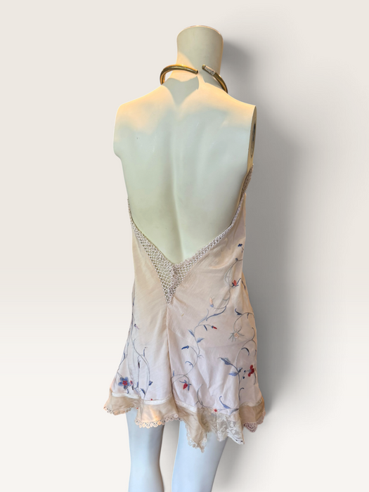 Plato, reworked short piano shawl embroidered dress with brass chocker