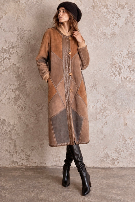 Tilly, 1980s reversible sheepskin and suede patchwork coat