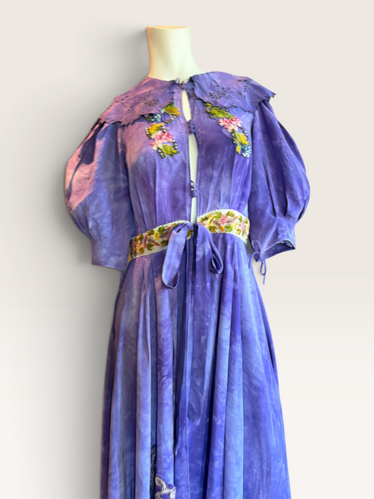 Hyacinth, 30s hand dyed silk robe with Edwardian ribbon florals