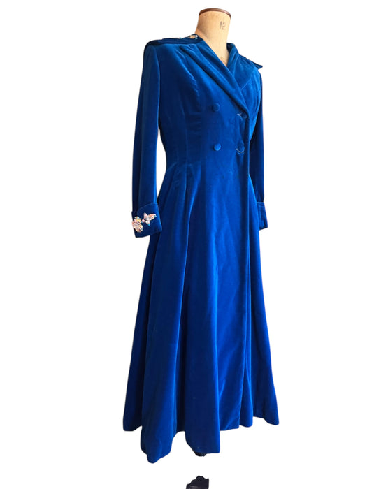 Stevie, 70s couture blue velvet double breasted jewelled coat