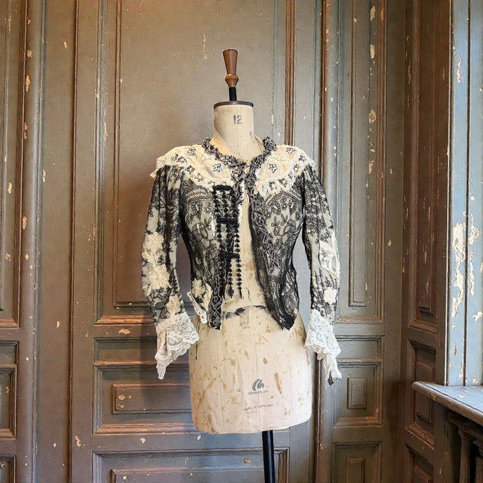 Perry, embellished Victorian lace jacket with hand painted motif