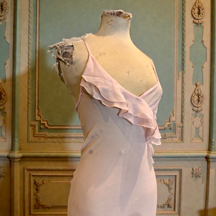 Honey, 90s pink chiffon bias cut, beaded dress