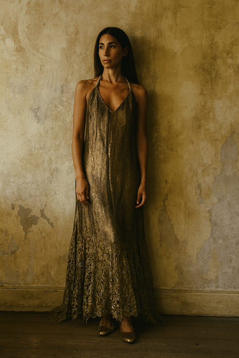 Amen, 20s gold lamé and lace dress