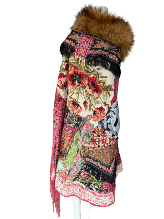 Stacey, reworked 1930, wool embroidered cape with faux fur collar