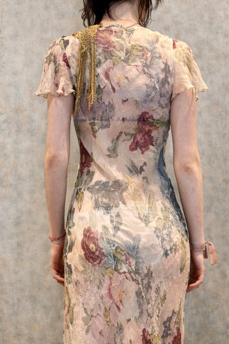 Serena, vintage silk chiffon floral bias cut short sleeve dress