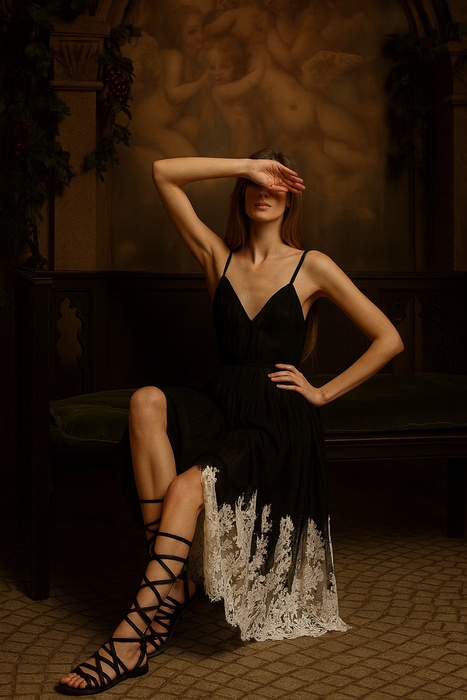 Florian, reworked 30s black silk net and white lace dress