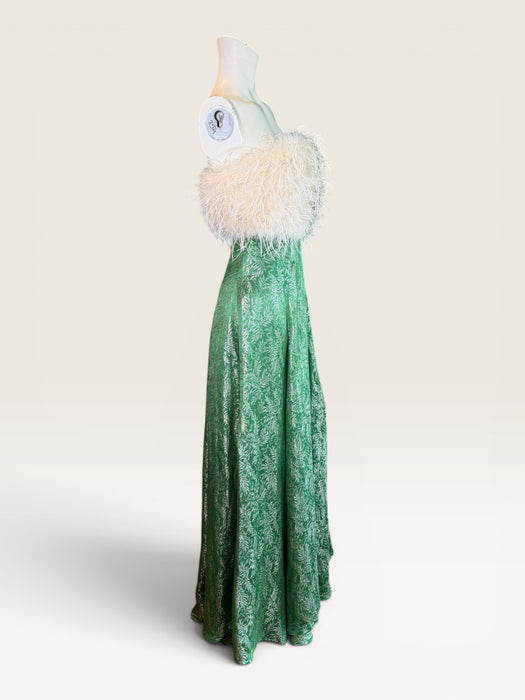 Monica, reworked 1920s green floral lamé gown with cream ostrich feather bust